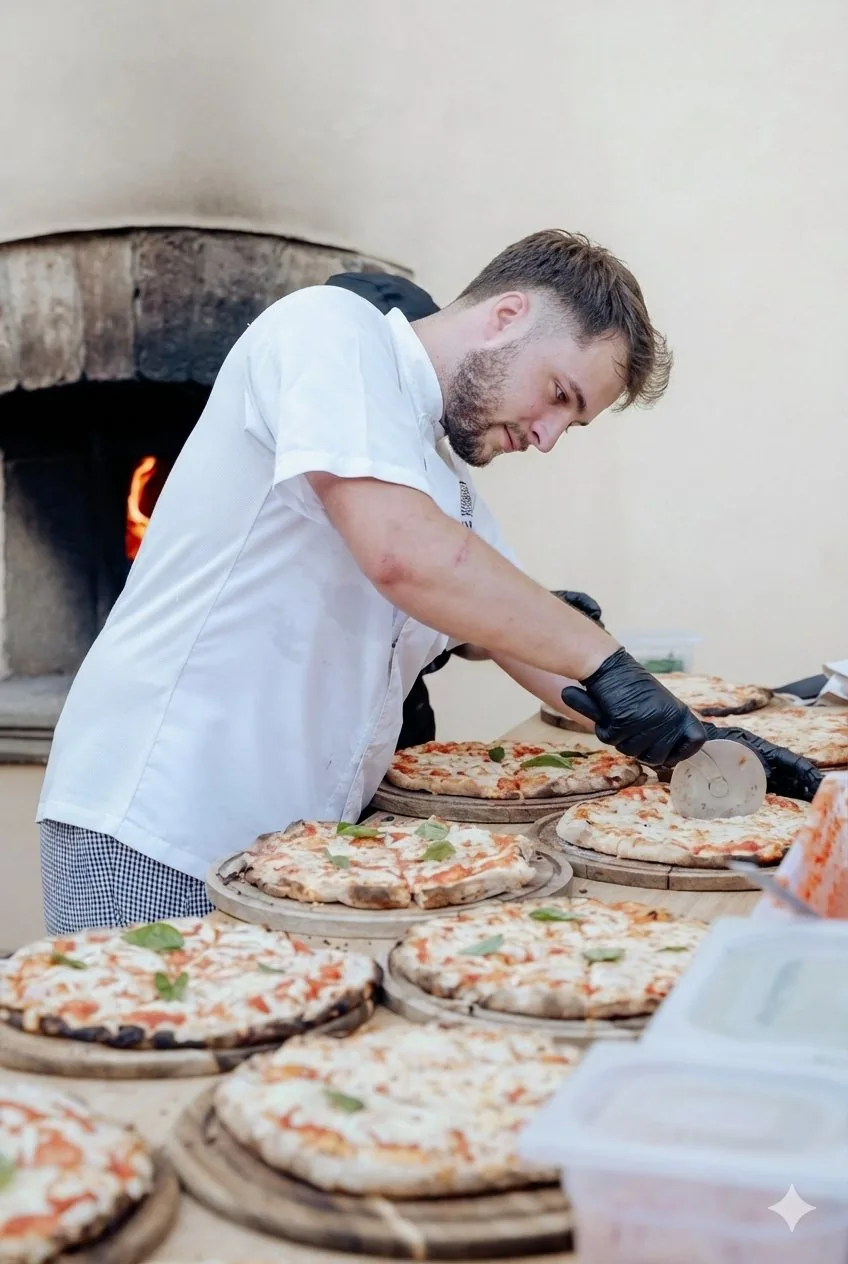 Chef Endri Cerhozi slicing a freshly baked pizza in Tuscany