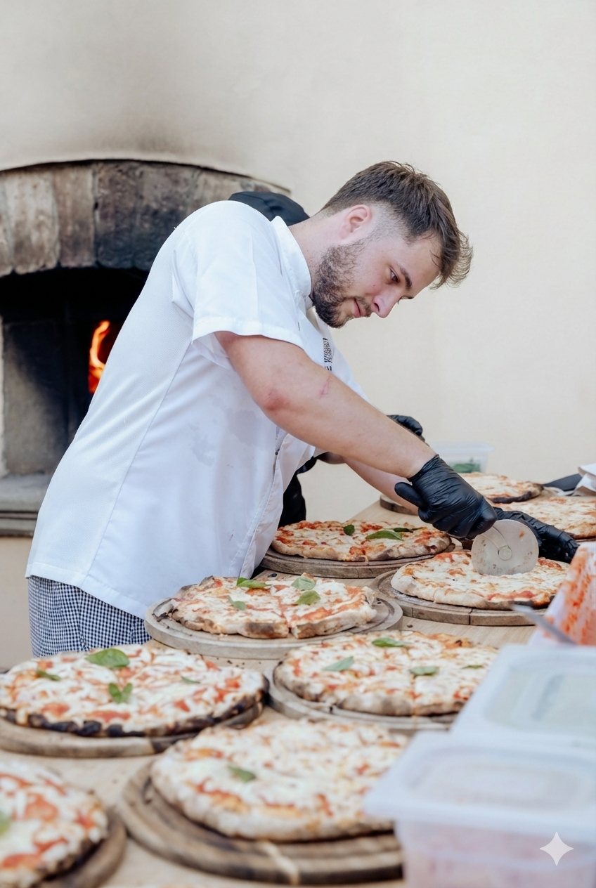 Chef Endri Cerhozi slicing a freshly baked pizza at Agriturismo Borgo Divino